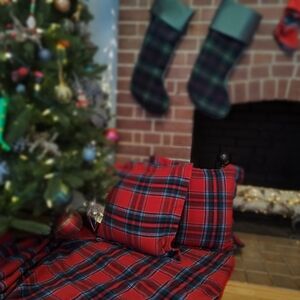 Extra Large Red Plaid Tree Skirt Pillows Fabric Ribbon Set
